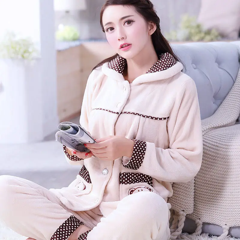 Winter Pajamas Set For Women Sleepwear Warm Flannel Long Sleeves Pink Pijama Nightgown Long Pant Sleepwear Homewear