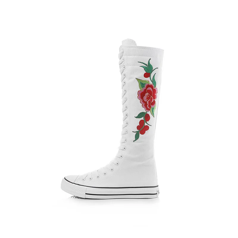 

Lace-up zipper flat canvas shoes handmade custom embroidered flowers long barrel comfortable casual shoes 35-43