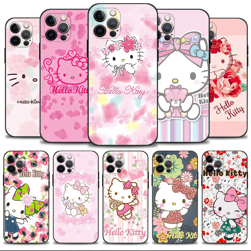 

Phone Case for iPhone 14 13 11 12 Pro Max 7 8 6 6S Plus XS XR X 13mini 12mini Silicone Cover Pink Rose Cherry Flower Hello Kitty