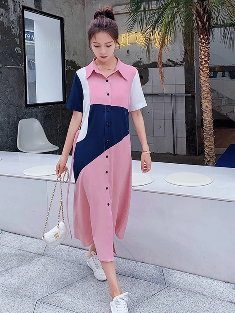 

Женское длинное лоскутное платье с отложным воротником, с коротким рукавом и поясом, однобортное облегающее летнее женское платье 2022, B187