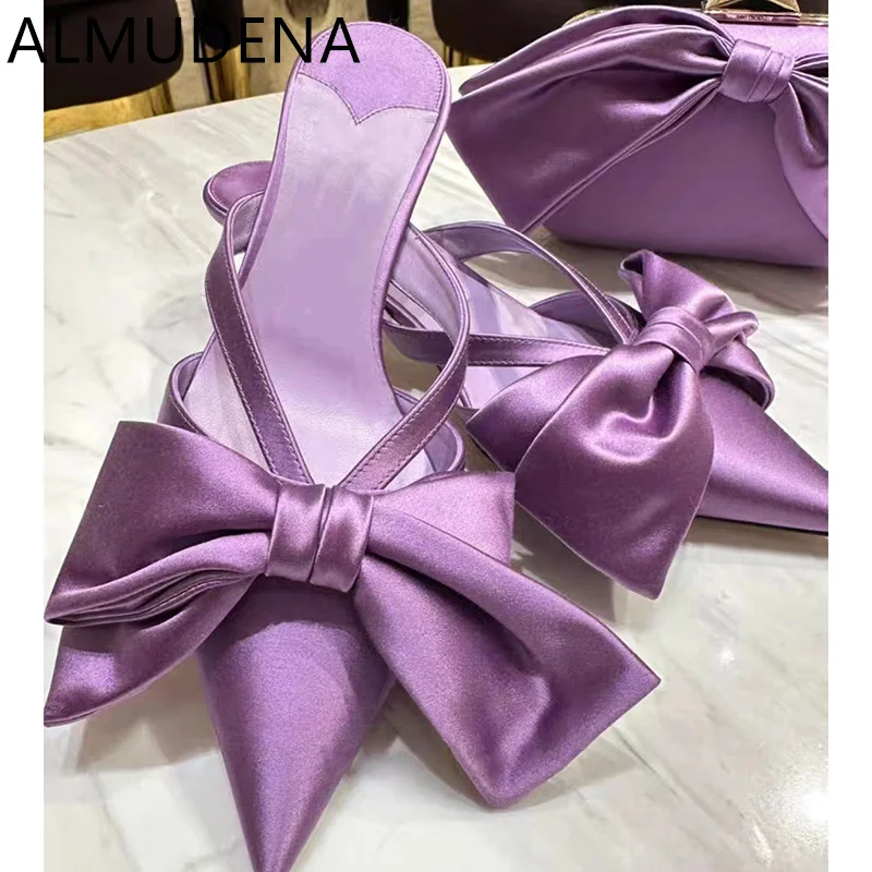 

Сатиновые женские шлепанцы с заостренным носком, на каблуке-котенке, с бантом, на среднем тонком каблуке, современные шлепанцы для взрослых