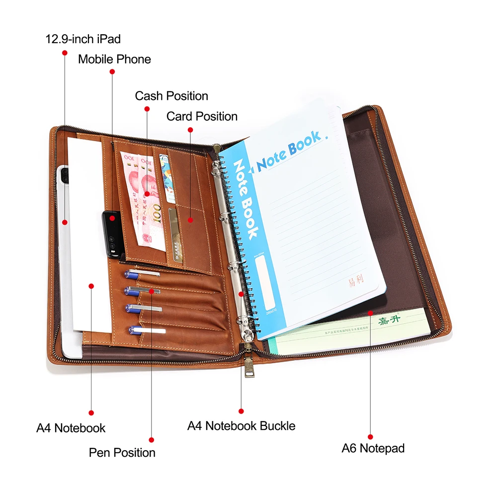 Handbag 12.9 inch laptop zipper bag multifunctional Ipad bag A4 paper High capacity leather tablet case Business Casual