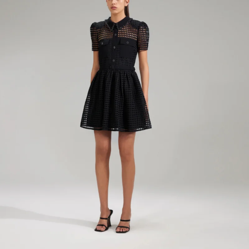 

Black Hollow Out Mini Dresses Women Office Lady 2022 Autumn New Collection Top Qaulity Fashion Clothing