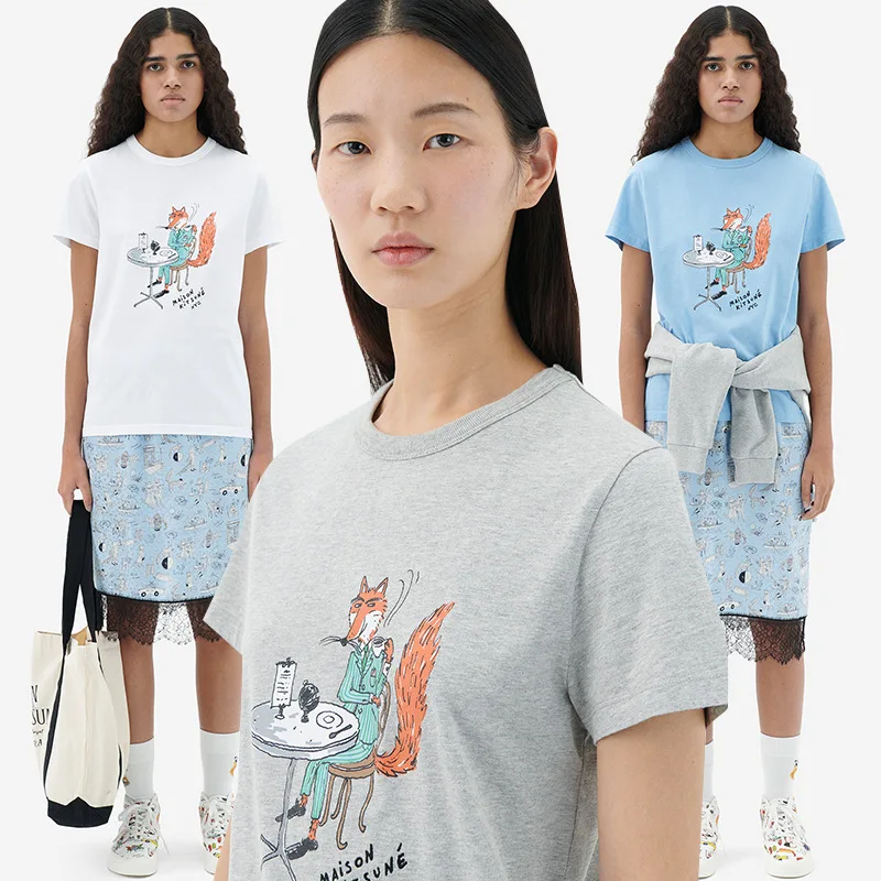 

2022 Summer New Street Leisure Fox Drinking Coffee Printed Letters Embroidered Cotton Men's Women's Short Sleeve O-Neck T-Shirt