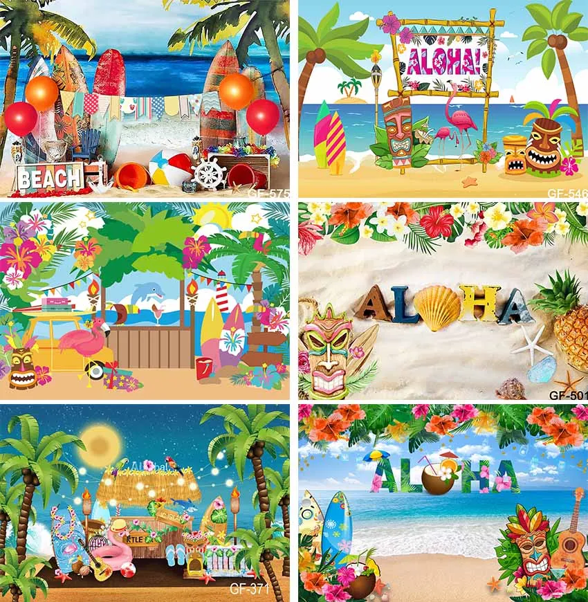 

Tropical Surfboard Backdrop Summer Beach Seaside Bar Palm Tree Background Aloha Luau Hawaii Birthday Baby Party Banner Decor