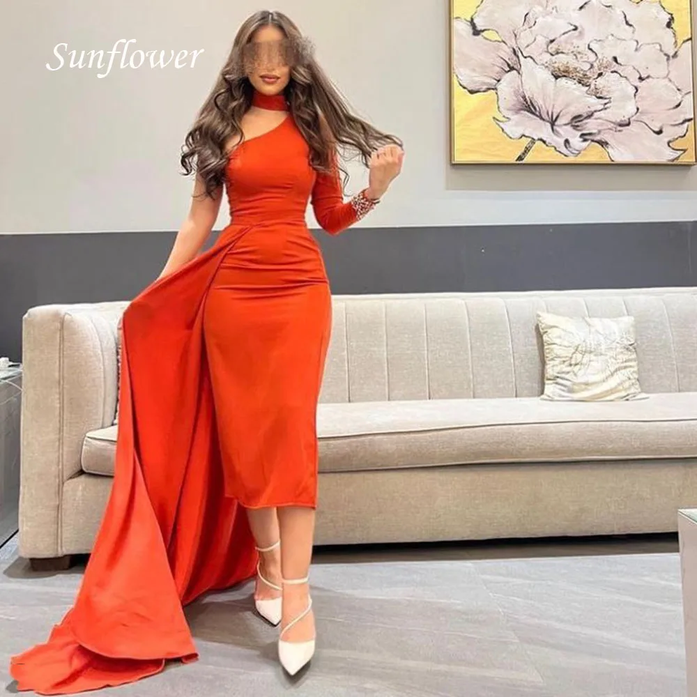 

Sunflower Orange Halter Mermaid Formal Evening Dress 2023 Slim One-Shoulder Ruched Floor-Length High-end Custom Prom Gowns