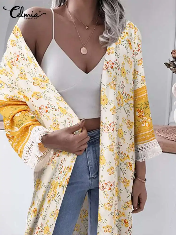 

Women Floral Print Cardigan Celmia Fashion Tassel Open Front Kimono Bohemian Long Sleeve Cover Up Casual Loose Long Outerwear