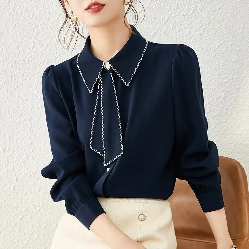 

2022 Spring Autumn Women New Long Sleeve Chiffon Shirts Female Solid Color Bottoming Shirts Ladies Loose Casual Blouses W234