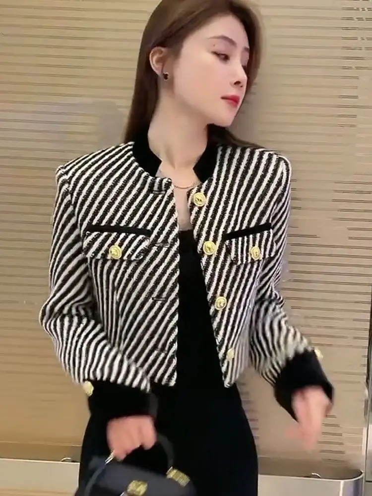 

Stripe Small Fragrant Coat Women Spring And Autumn 2023 Feeling Standing Collar Tweed Jacket