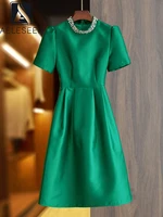 AELESEEN Designer Fashion 2022 Summer Elegant Dress Women Green Black Beading Diamonds Luxury Ladies Slim Party