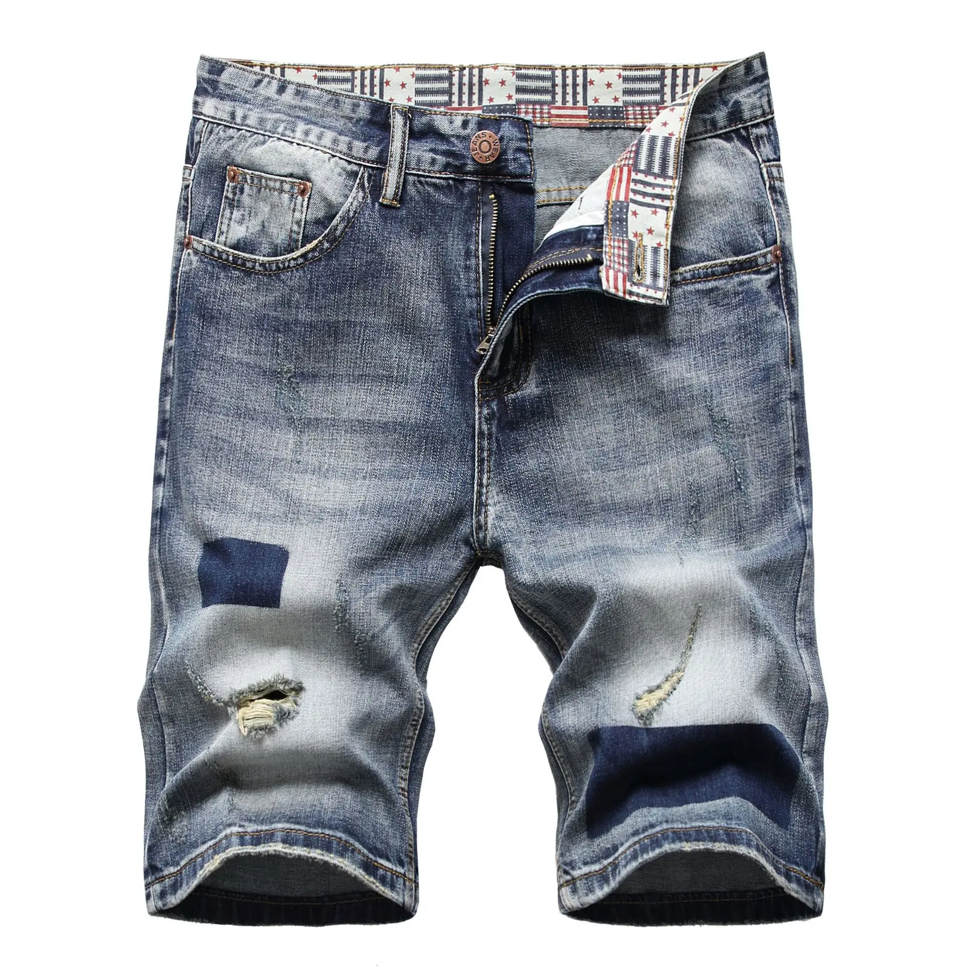 Men's Loose Jeans Holes Denim Pants Nostalgic Retro High Street Jeans Knee Length Shorts Jeans Streetwear Men