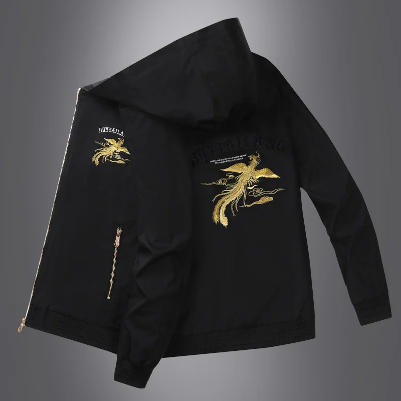 Мужская осенне-зимняя куртка с капюшоном и вышивкой Феникса