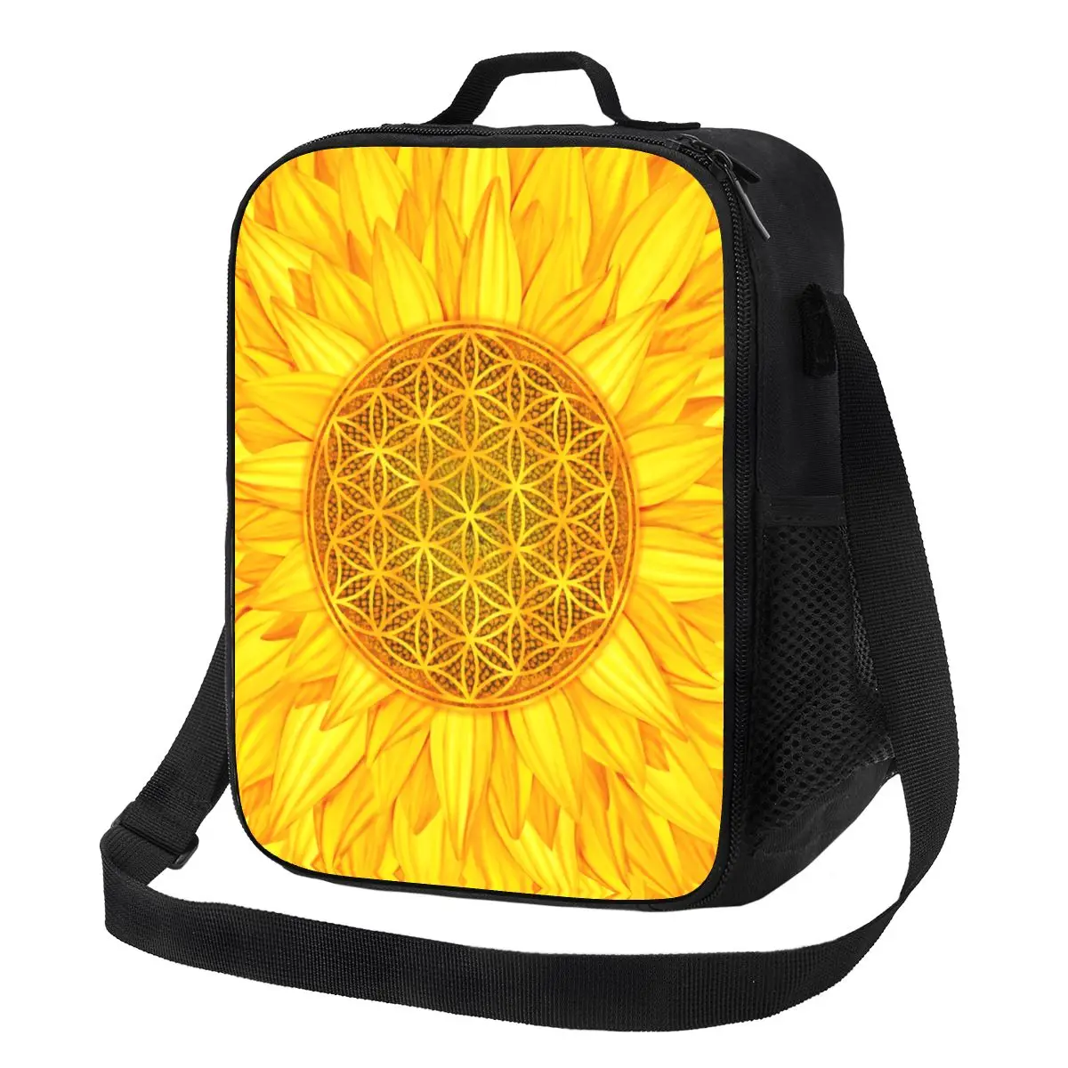 

Flower Of Life Sunflower Insulated Lunch Bag Mandala Floral Sacred Geometry Portable Thermal Cooler Food Bento Box Camp Travel