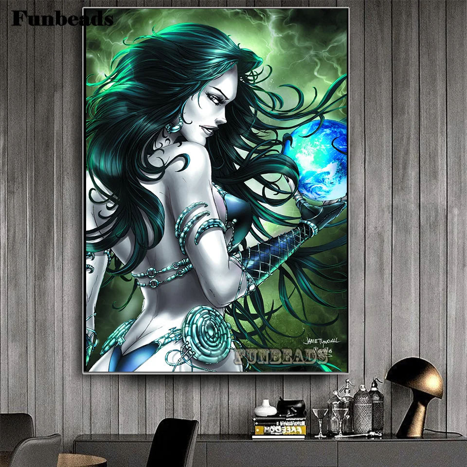 

Алмазная живопись с зеленой женщиной луной, полноразмерная/круглая картина с изображением дрели, алмазная вышивка крестиком, ручная работа...