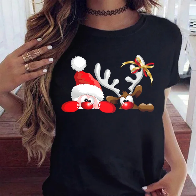 Купи Maycaur Fashion Women's Tops Tee Women Merry Christmas Holiday Tshirts Funny Cartoon Santa Reindeer Printed Black T-shirt Female за 239 рублей в магазине AliExpress