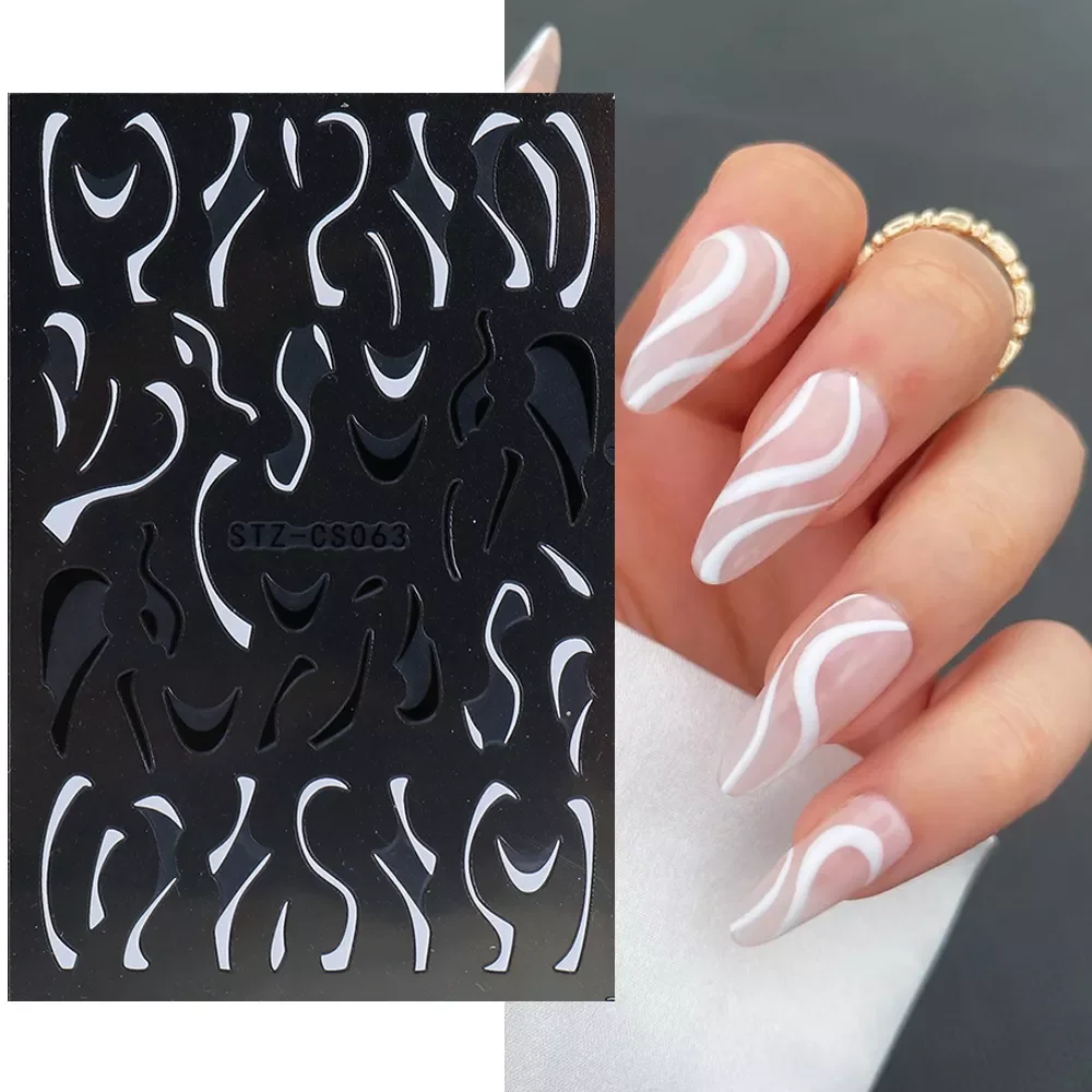 

3D Abstract Nail Stickers Swirl Nail Art Design Black White French Tips Wave Striping Tape Sliders Gel Polish Decals GLSTZ-CS063