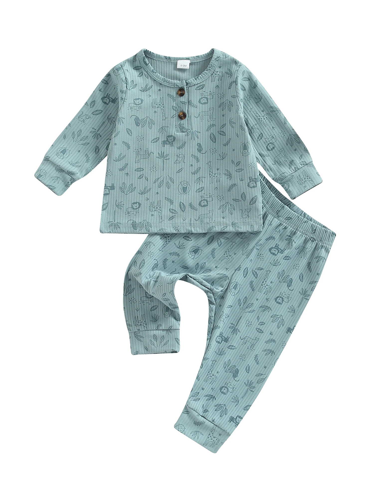 

Toddler Baby Boy Girl Ribbed Two Piece Outfit Long Sleeve Pullover Sweatshirt Pants Animal Print Clothes Set 3M-3T
