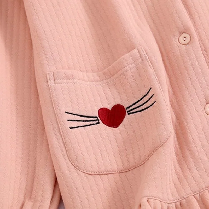 QWEEK Cotton Pajamas Women Doll Collar Flared Sleeves Pijamas Ruffled Pocket Embroidery Pyjamas Autumn Winter Sleepwear Homewear