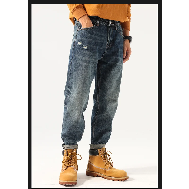 Streetwear Men New Pattern American Chaopai Hole Blue Jeans Vintage Loose Recreational Straight Cylinder Trousers Autumn Female