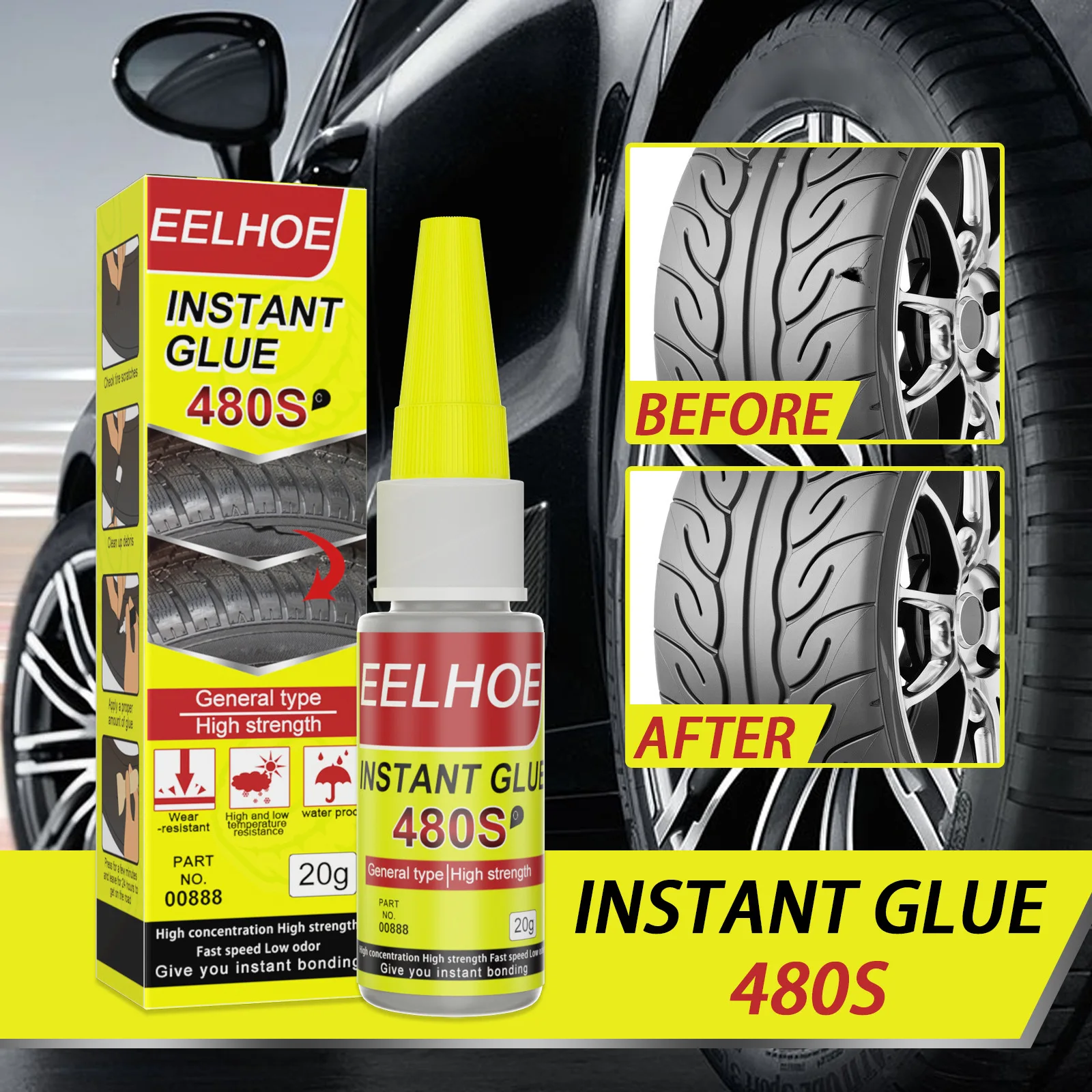 

480S Car Adhesives Tire Repair Glue Black Super Glue Car Rubber Repair Tire Glue Sealer Window Speaker Seal Tire Repair Glue