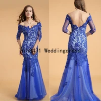 lace v neck blue half sleeves backless long prom dresses 34 sleeves lace mermaid long evening dress sexy