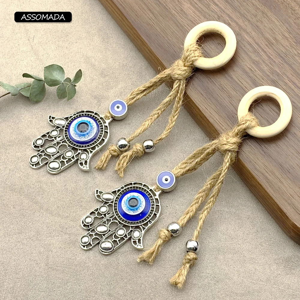 

ASSOMADA Hemp Rope Hand Evil Eye Keychains For Women Men Handmade Palm Blue Eye Turkish Key Chain Car Bag Decoration Gift