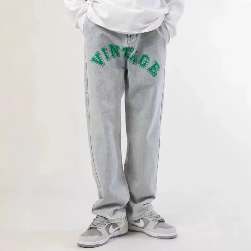 

Four seasons new men's jeans loose straight print hip hop street retro trousers fashion streetwear trend men ins hot sale JEANS