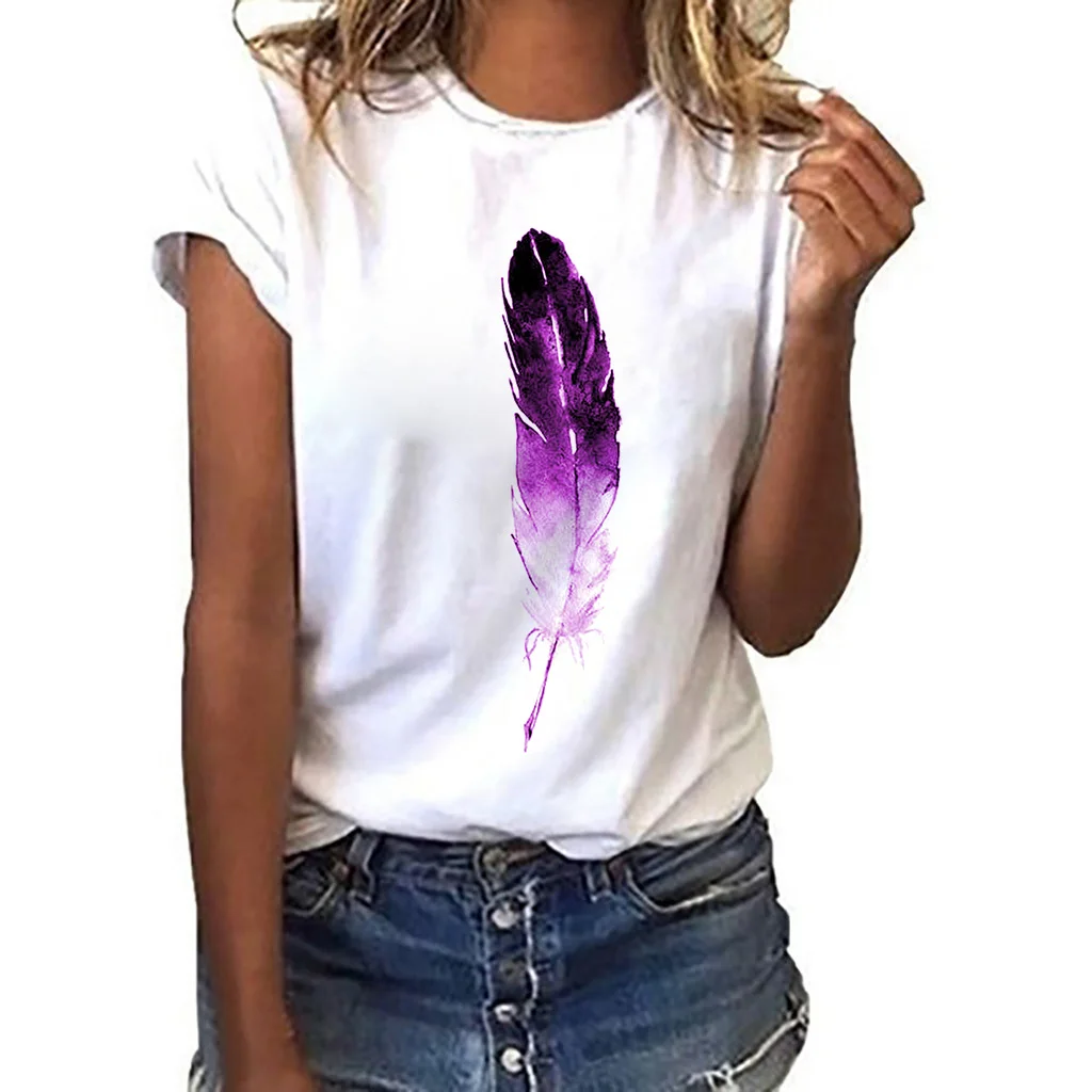 

Summer tee shirt women Feather Aesthetic T shirt fashion tshirt White Round Neck Short Sleeve tshirt Ladies Casual Tshirt
