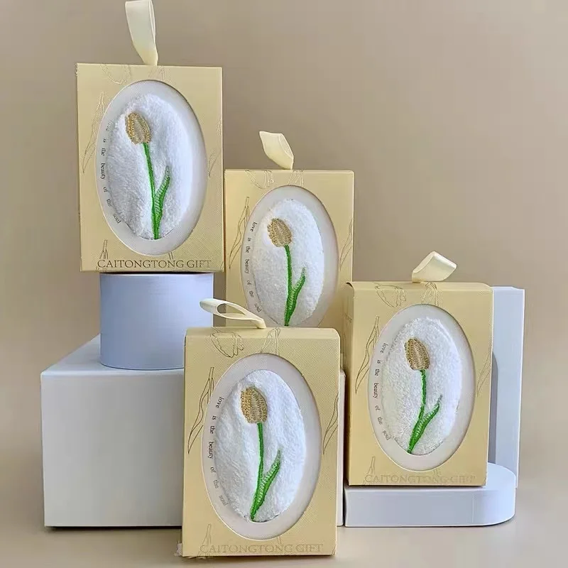 

6 Pcs Tulip Embroidered Coral Velvet Towel Wedding Gift Box
