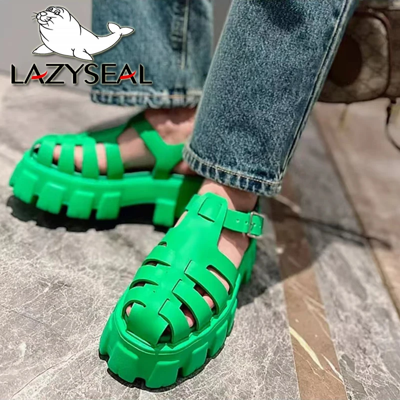

LazySeal Wedge Summer Sandals Hollow Upper Solid Color Buckle Close Women Chunky Heel Sandals Gladiator Woman Shoe Plus Size 42
