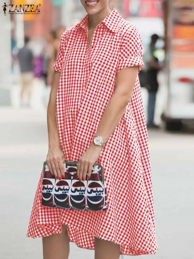 

ZANZEA Plaid Printed Casual Loose Vestidos Lapel Collar Fashion Mini Dress Women Short Sleeve Short Dresses 2023 Summer Sundress