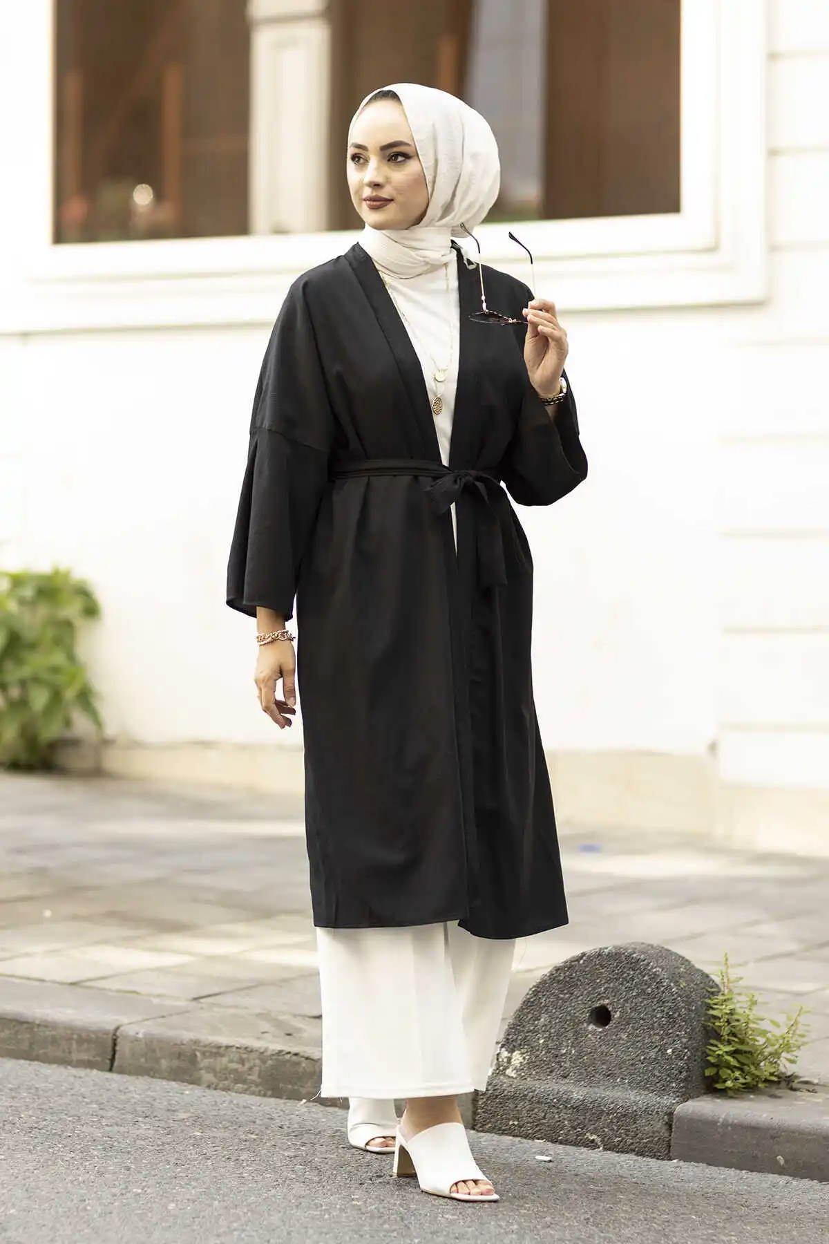 Casual Cut Waist Belted Kimono MD-Black Winter Autumn 2021 Muslim Women Hijab headscarf islamic Turkey