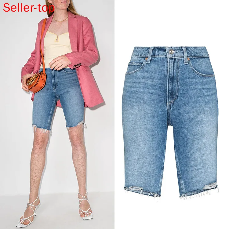 

Spring and Summer European and American High-waisted Straight Irregular Frayed Five-point Riding Blue Denim Pants Mujer Jean