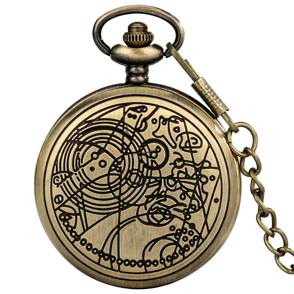 

New Vintage Nostalgic Quartz Movement Bronze Large Pocket Watch with Pattern Thick Chain Roman Numeral Face Souvenir Collection
