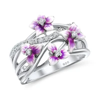 new romantic silver plated twine enamel violet flower rings for women shine white cz stone inlay fashion jewelry party gift ring