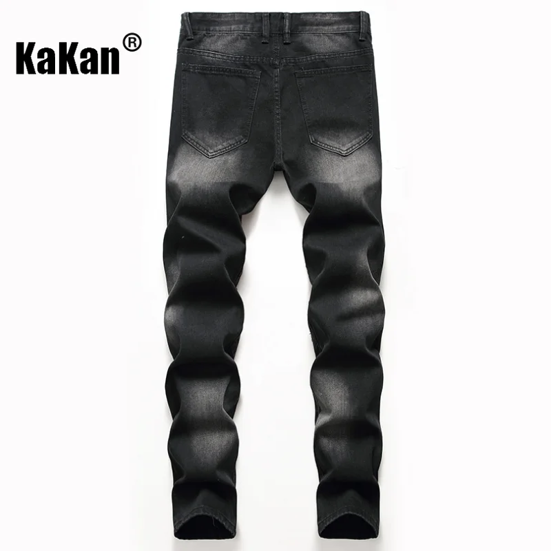 Kakan - European and American New Zipper Straight Leg Wide Leg Jeans for Men, Washable Old Hole Black Long Jeans K36-333