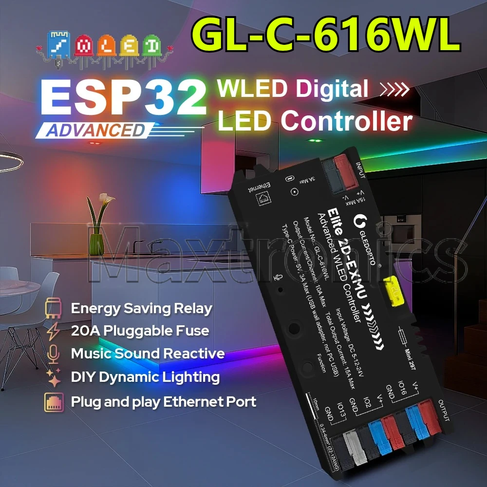 Фото GLEDOPTO Elite ESP32 WLED контроллер 20A предохранитель динамического звука реле энергосбережения для WS2811 WS2812 SK6812 RGBIC светодиодная лента №3