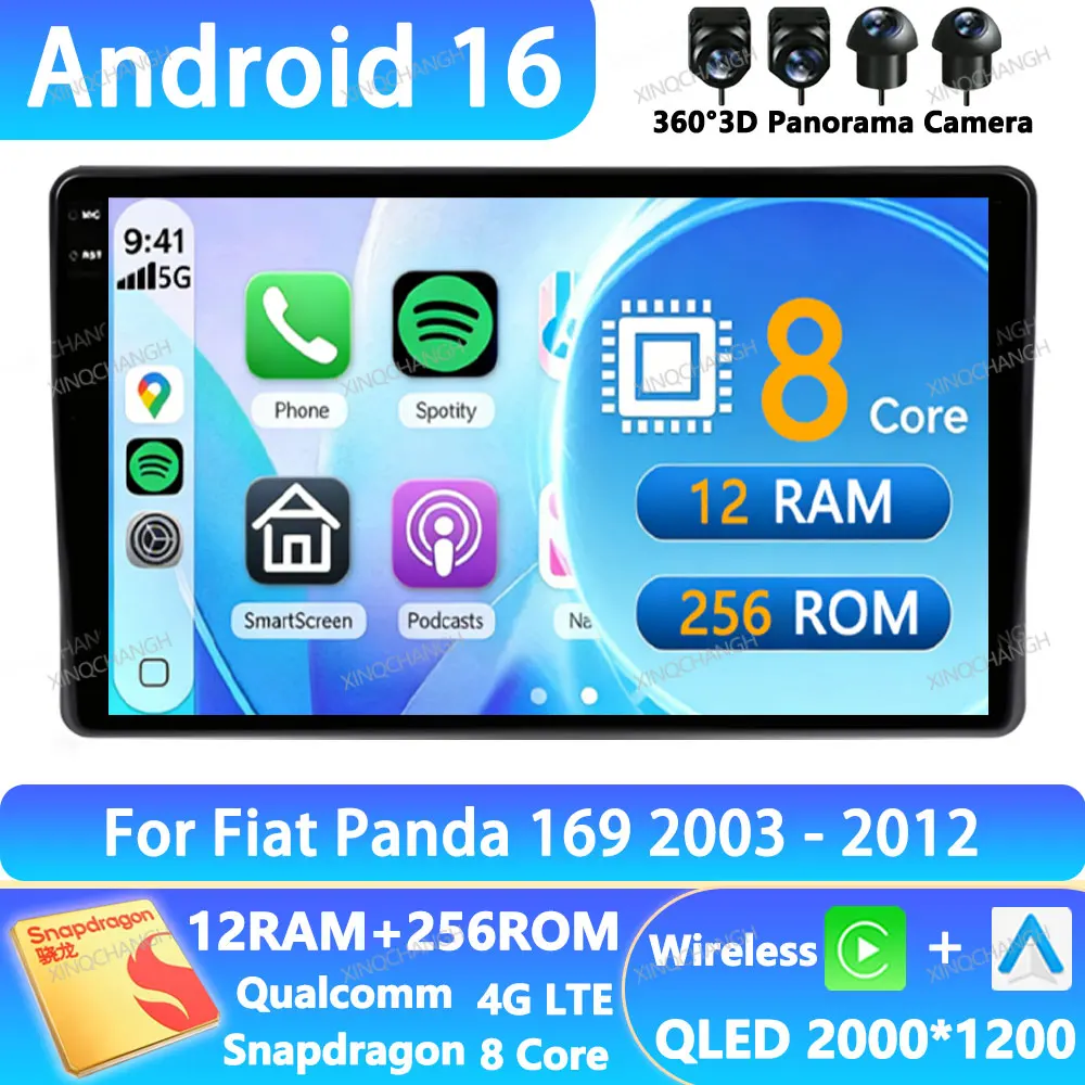 Фото Автомагнитола Android 16 для Fiat Panda 169 2003-2012, мультимедийный видеоплеер BT QLED 2DIN, 4G WIFI, GPS-навигация, головное устройство BT GPS №1