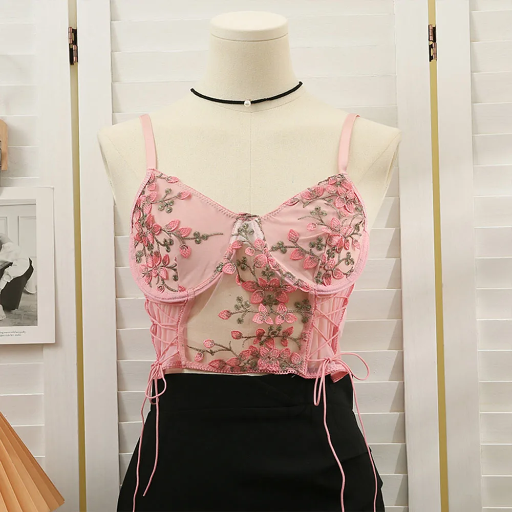 

Embroidery Lace Crop Top Women 2021 Summer Mesh Sexy White Corset Top Fashion V Neck Backless Floral Print Basic Crop Top