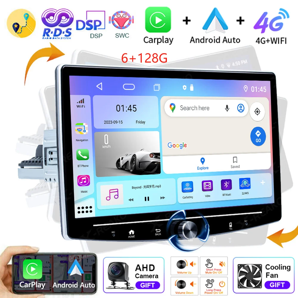 

Мультимедийная магнитола REAKO, 1DIN, Android, универсальный видеоплеер, 10 дюймов, вращающийся на 360 градусов, с регулируемым экраном, Carplay, авто, GPS, 4G, Wi-Fi