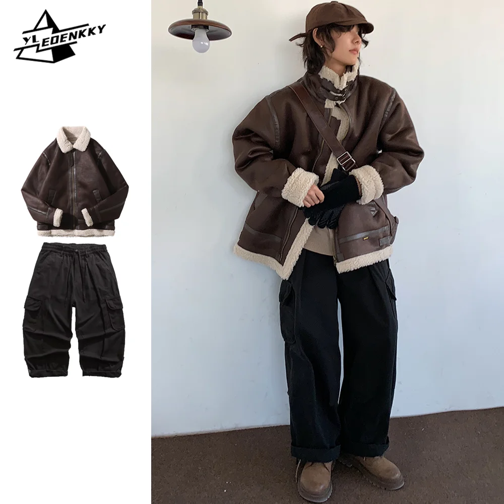 

Мужской замшевый костюм в стиле ретро, зимняя утепленная хлопковая куртка на флисе, брюки-карго с широкими штанинами, кожаное мотоциклетное пальто из двух предметов