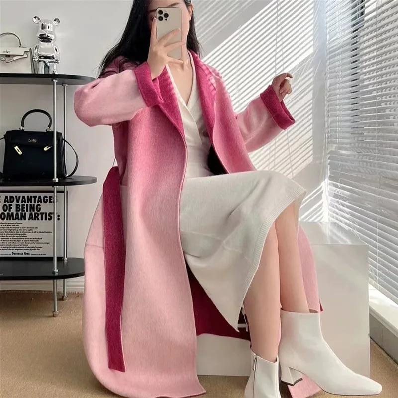 

Высококачественная Пижама градиентного цвета, двустороннее кашемировое пальто, женское Удлиненное пальто, свободное широкое пальто высокого качества