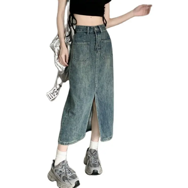 

2023 Streetwear Split Straight Denim Skirt For Women's Clothing Spring Autumn High Waisted Slim A-line Pink Jeans Skirts BC154
