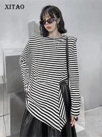 xitao full sleeve t shirt women o neck pullover striped asymmetrical patchwork loose fashion all match new spring autumn jl0045