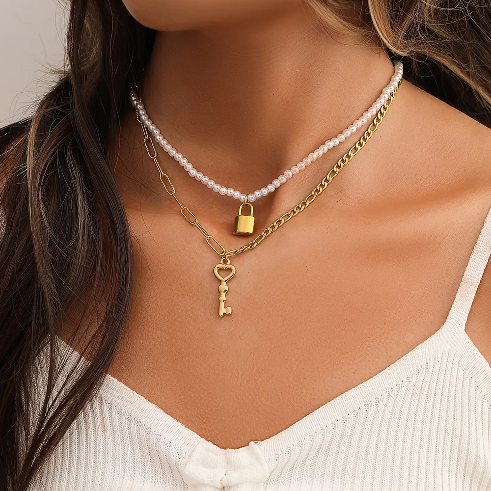 

Double-Layer Stainless Steel Lock Key Pearl Necklace For Woman Clavicle Chain All-Match Personality Simple Fashion Dropshipping