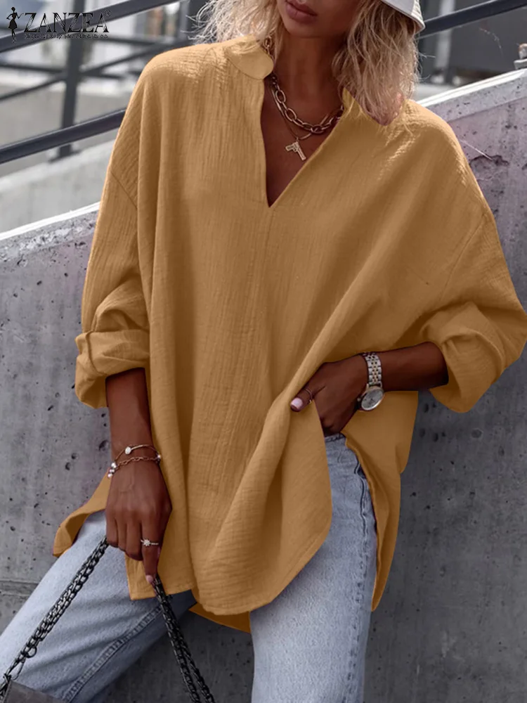 

Блузка ZANZEA Женская Винтажная с V-образным вырезом и длинным рукавом, повседневный Свободный Топ, модная Однотонная рубашка, лето 2023