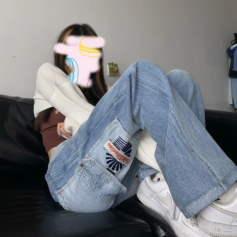 Streetwear Loose Men And Women Cargo Pants Straight Jeans Light Blue Hip Hop Straight Baggy Pants Simple Couple Denim Trousers