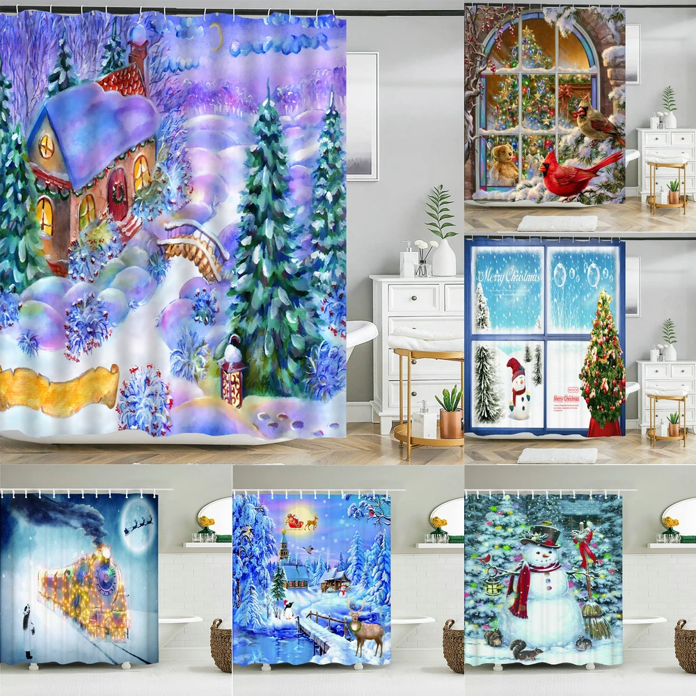 

Christmas Shower Curtain 3D Print Snowman Christmas Tree Waterproof Polyester Bath Curtain Home Decor New Year Bathroom Curtains