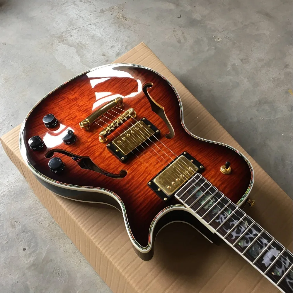Пользовательский магазин. Электрическая гитара Tiger Flame Sunburst, цвет 6 отверстий, gitaar, полуполый корпус, джазовая гитара