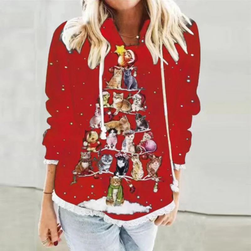

Casual Loose Hoodie Sweatshirt Women Fashion Christmas Print Tops Autumn Winter Long Sleeve Splicing Lace Long Sleeve Sweatshirt